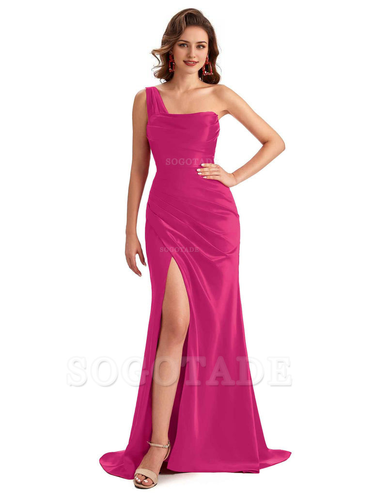 Sexy One Shoulder Side Slit Silky Satin Chic Long Mermaid Trumpet Bridesmaid Dress