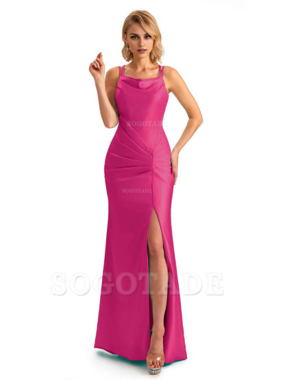 Soft Satin Spaghetti Straps Side Slit Long Unique Mermaid Beautiful Dresses For Wedding