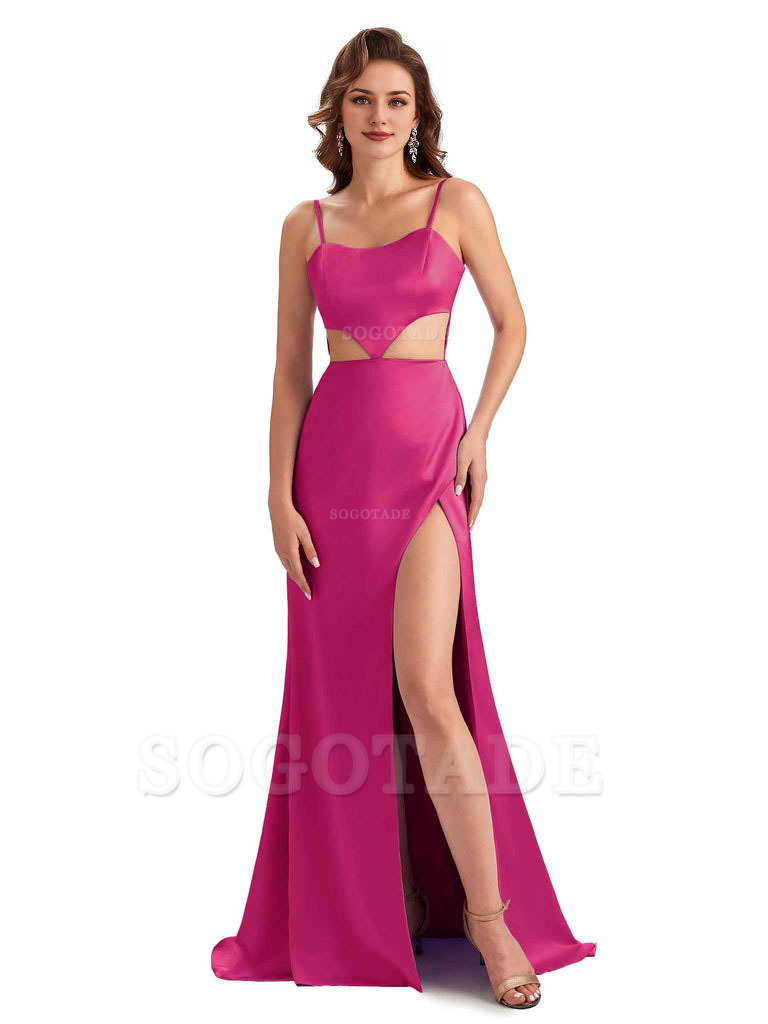 Sexy Satin Side Slit Spaghetti Straps Mermaid Long Unique Curve Wedding Guest Dresses