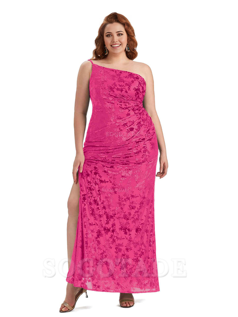 Sexy Mermaid Sleeveless One Shoulder Side Slit Floral Velvet Long Plus Size Bridesmaid Dresses