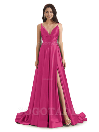 Spaghetti Straps Satin formal dresses evening gown Bridesmaid Dresses With Side Slit 
