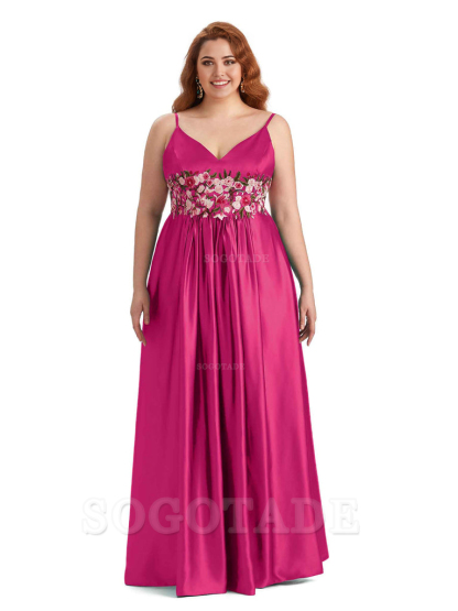 Unique Lace Spaghetti Straps Sleeveless Soft Satin Long Plus Size Bridesmaid Dress For Wedding