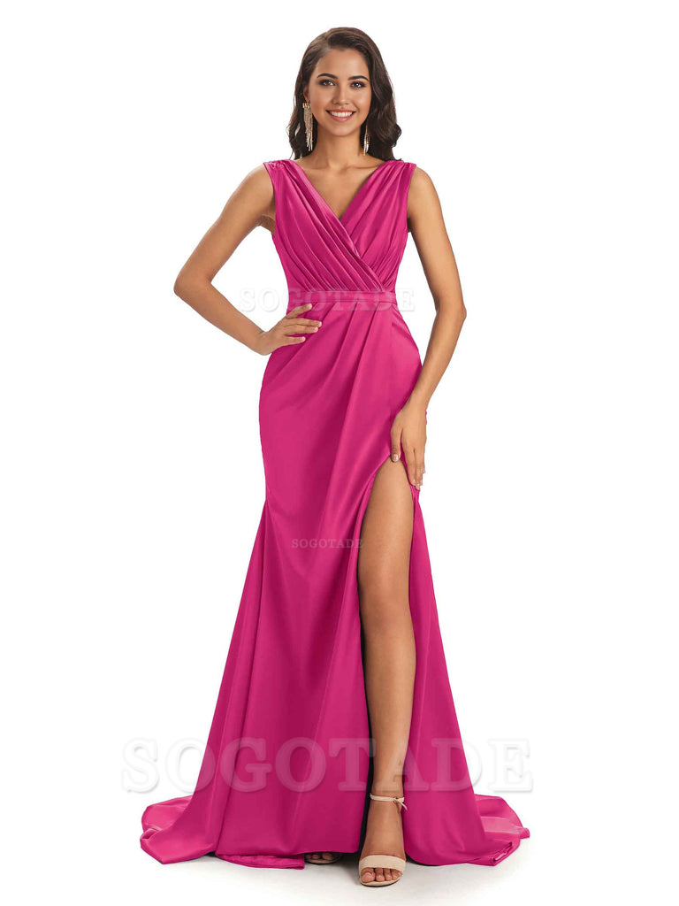 A-line V-neck Floor-Length Satin formal dresses evening gown Bridesmaid Dresses With Side Slit 