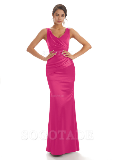 Sheath Sleeveless V-neck Floor-Length Satin formal dresses evening gown Bridesmaid Dresses With Pleats 