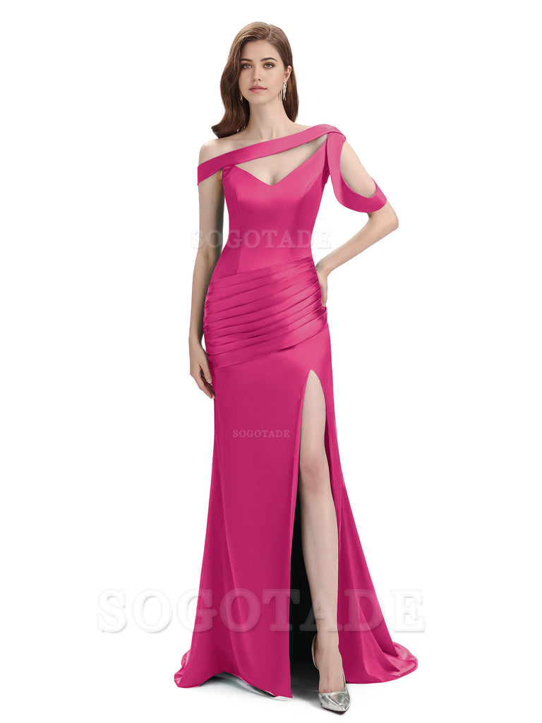 Mermaid V-Neck Satin Floor-Length formal dresses evening gown Bridesmaid Dresses With Side Slit 