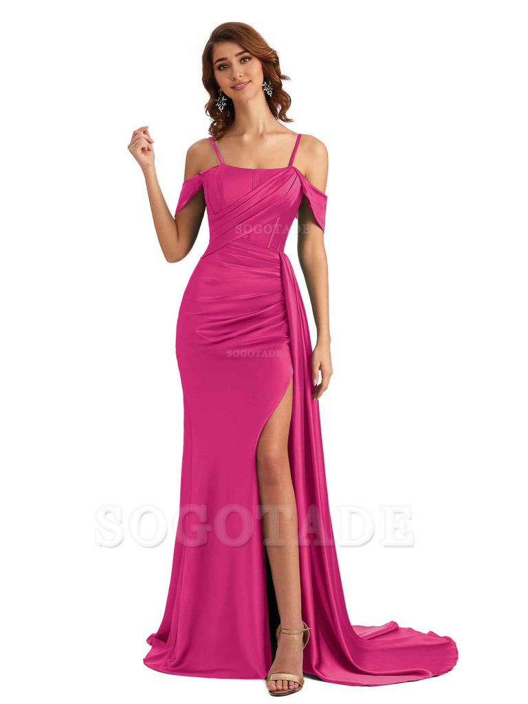 Sexy Side Slit Cold Shoulder Mermaid Satin Chic Long Wedding Guest Dresses
