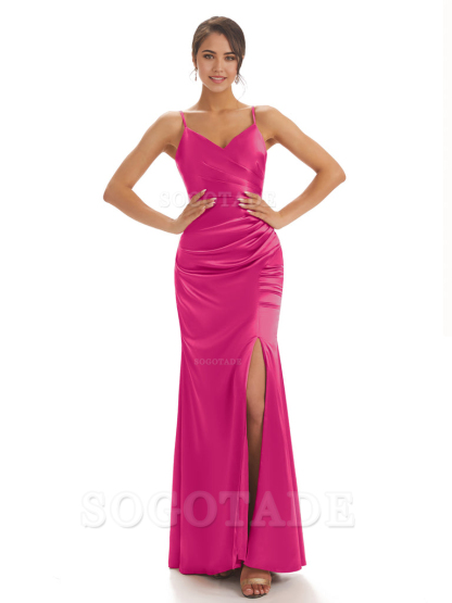 Spaghetti Straps Pleats Satin formal dresses evening gown Bridesmaid Dresses With Side Slit 