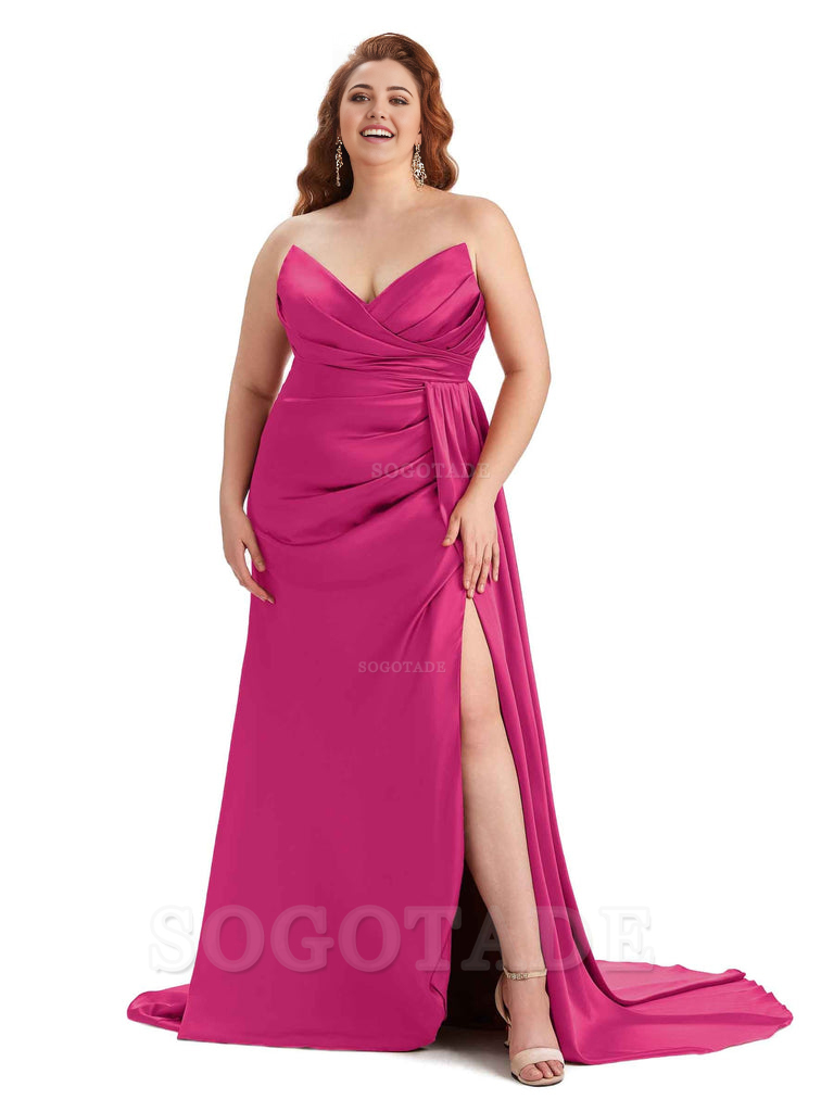 Sexy V-neck Side Slit Sleeveless Mermaid Soft Satin Long Plus Size Bridesmaid Gowns