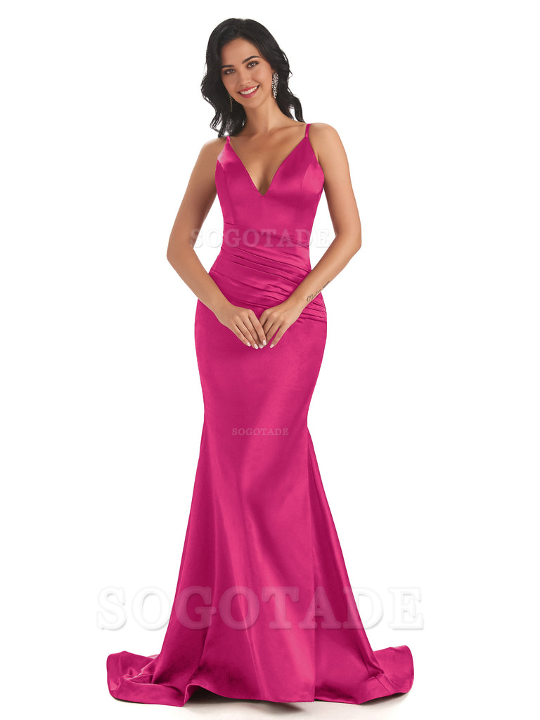 Mermaid Spaghetti V-Neck Straps Satin Long formal dresses evening gown Bridesmaid Dresses With Side Slit 