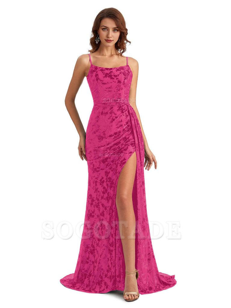Sexy Side Slit Spaghetti Straps Mermaid Floral Velvet Long Wedding Guest Dresses