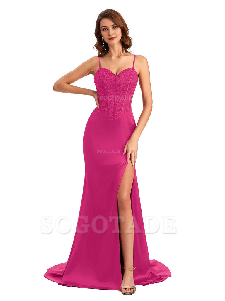 Sexy Side Slit Mermaid Silky Satin V-Neck Lace Unique Long Bridesmaid Dresses