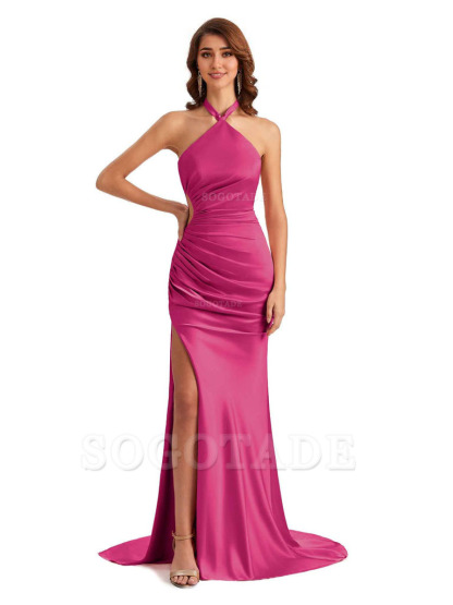 Sexy Halter Mermaid Silky Satin Unique Long Formal Wedding Guest Dresses