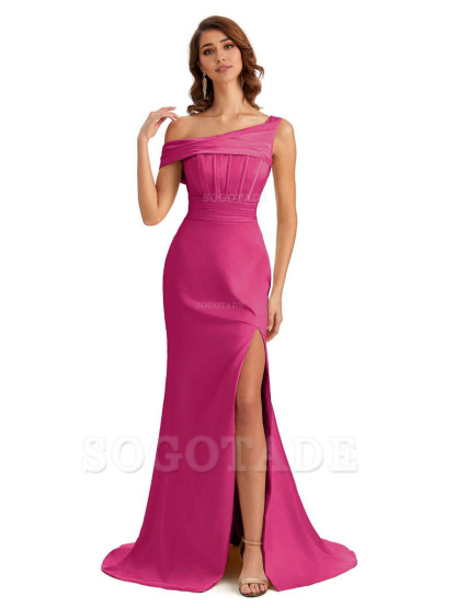 Elegant Asymmetrical Neck Soft Satin Side Slit Long Mermaid Bridesmaid Dresses