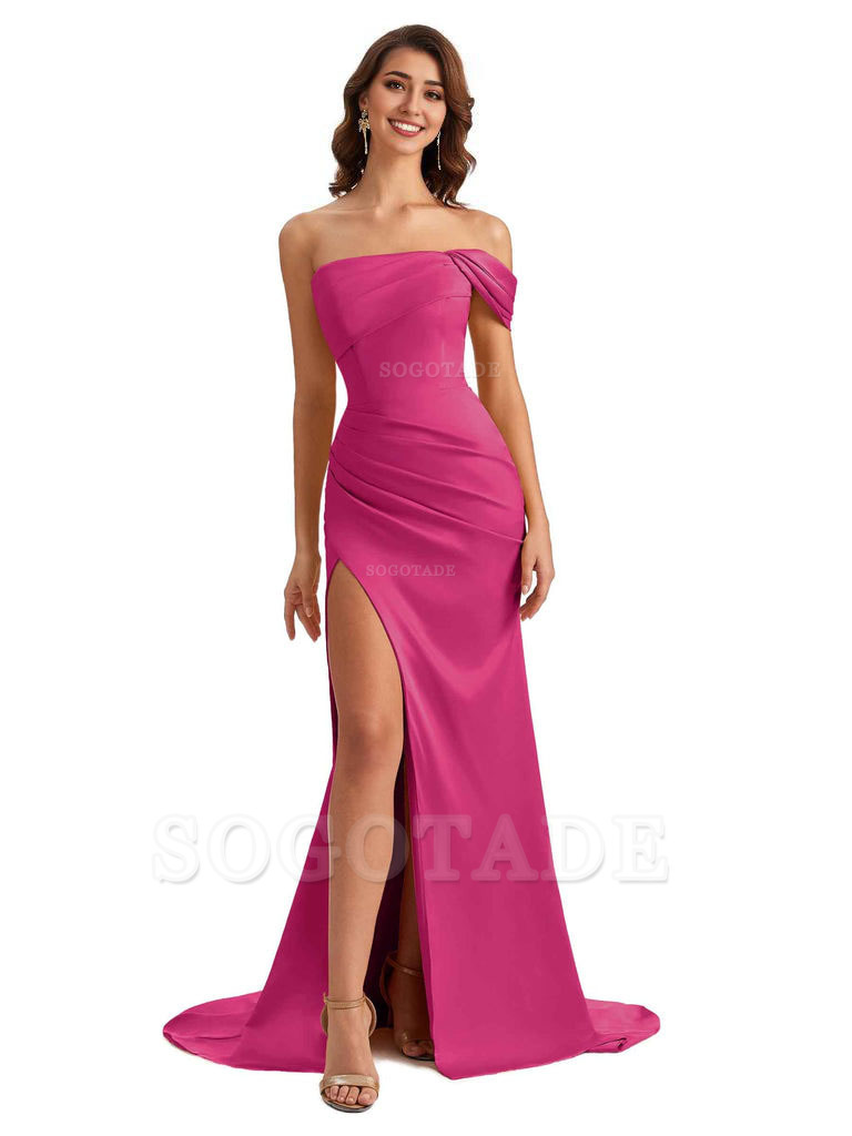 Unique One Shoulder Side Slit Satin Long Formal Dresses For Bridesmaid Dresses