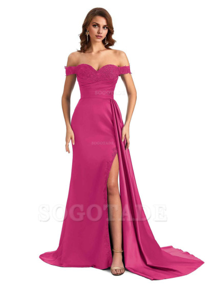 Sexy Off The Shoulder Mermaid Side Slit Silky Satin Long Bridesmaid Dress For Wedding