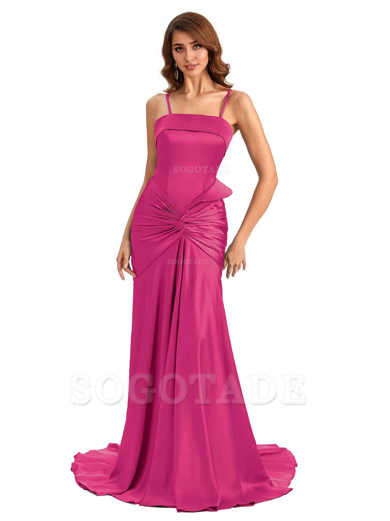 Sexy Mermaid Spaghetti Straps Silky Satin Unique Long Bridesmaid Dress For Wedding
