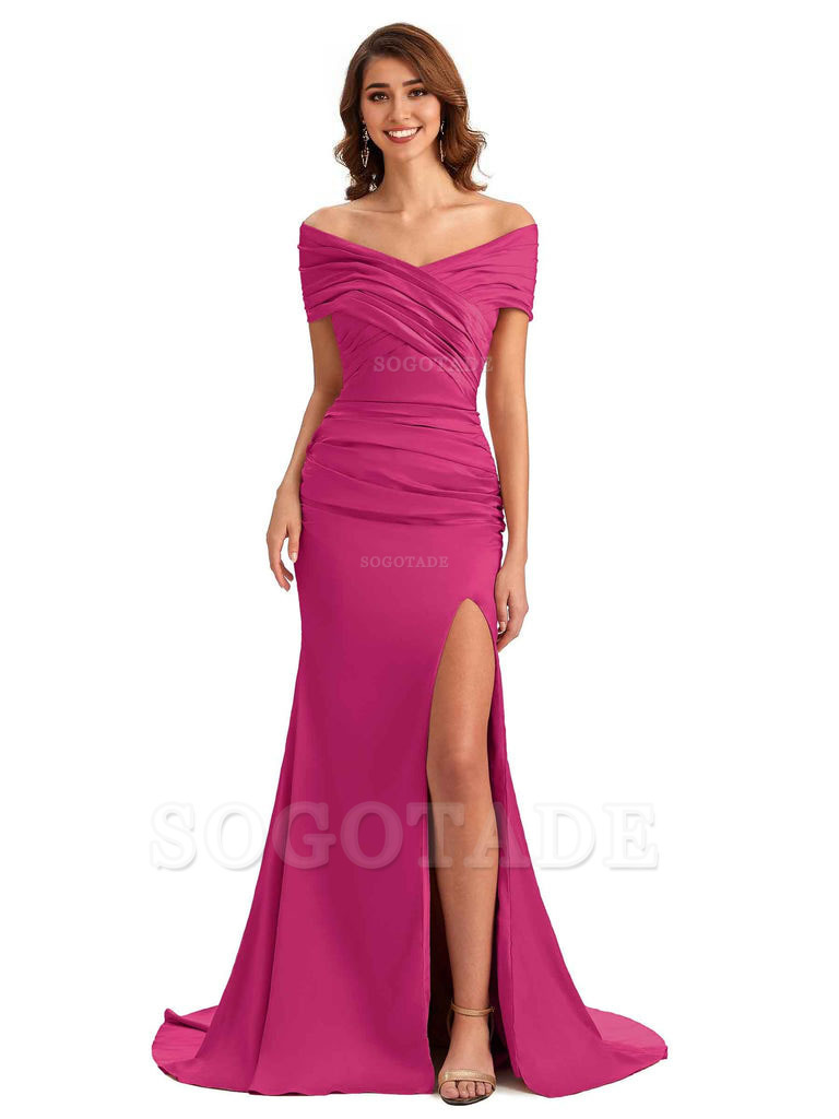 Sexy Off The Shoulder Side Slit Mermaid Satin Unique Long Formal Wedding Guest Dresses