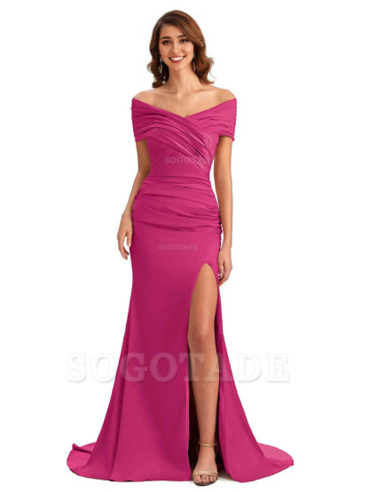 Sexy Off The Shoulder Side Slit Mermaid Satin Unique Long Formal Wedding Guest Dresses