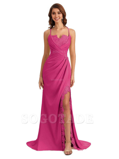 Sexy Side Slit Spaghetti Straps Lace Mermaid Silky Satin Wedding Guest Dresses