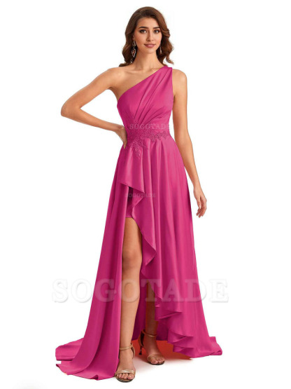 Sexy One Shoulder A-Line High Low Silky Satin Lace Long Formal Wedding Guest Dresses