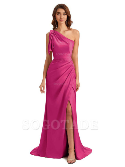 Sexy One Shoulder Mermaid Side Slit Unique Silky Satin Bridesmaid Dresses 