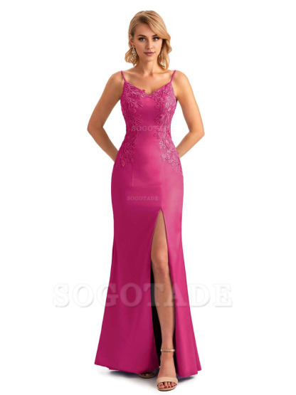 Sexy Side Split Mermaid Spaghetti Straps Soft Satin Unique Lace Long Bridesmaid Dresses