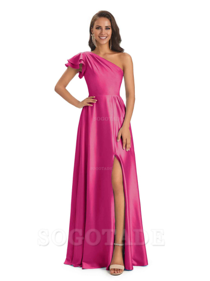 A-Line One Shoulder Ladies Long Bridesmaid Dresses Soft Satin Side Slit Elegant Evening Party Dress