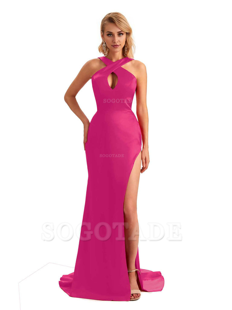 Sexy Side Slit Halter Mermaid Silky Satin Unique Long Formal Wedding Bridesmaid Dresses