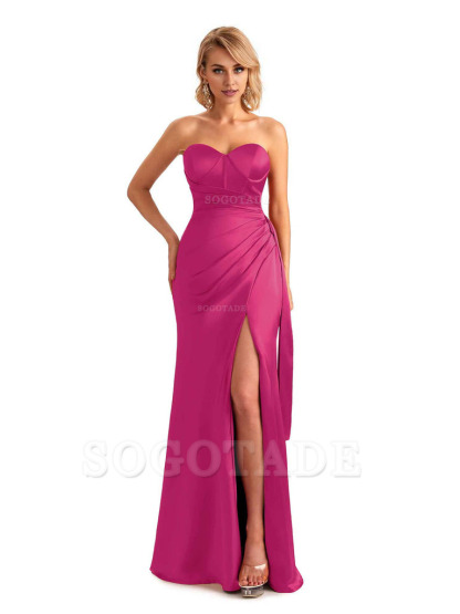 Sexy Side Slit Strapless Mermaid Soft Satin Unique Long Bridesmaid Dress For Wedding