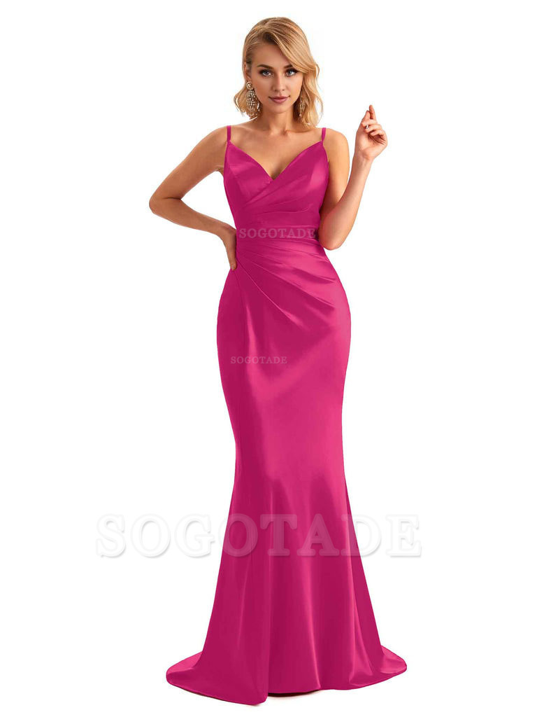  Sexy Backless Mermaid Spaghetti Straps Unique Long Formal Satin Dress For Women