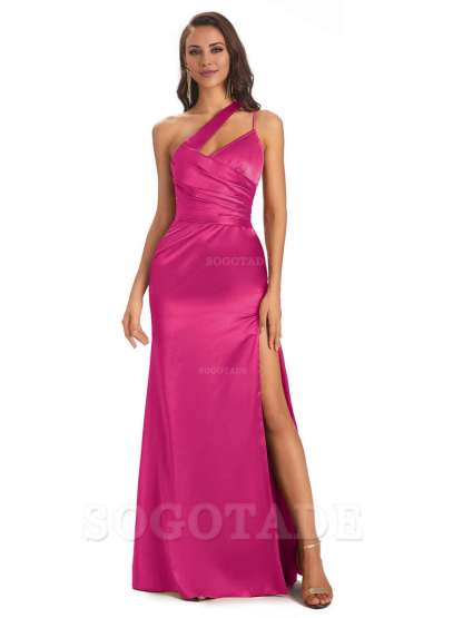 Elegant Soft Satin Side Slit One Shoulder Floor-Length Maxi Bridesmaid Dresses Evening Party Dress