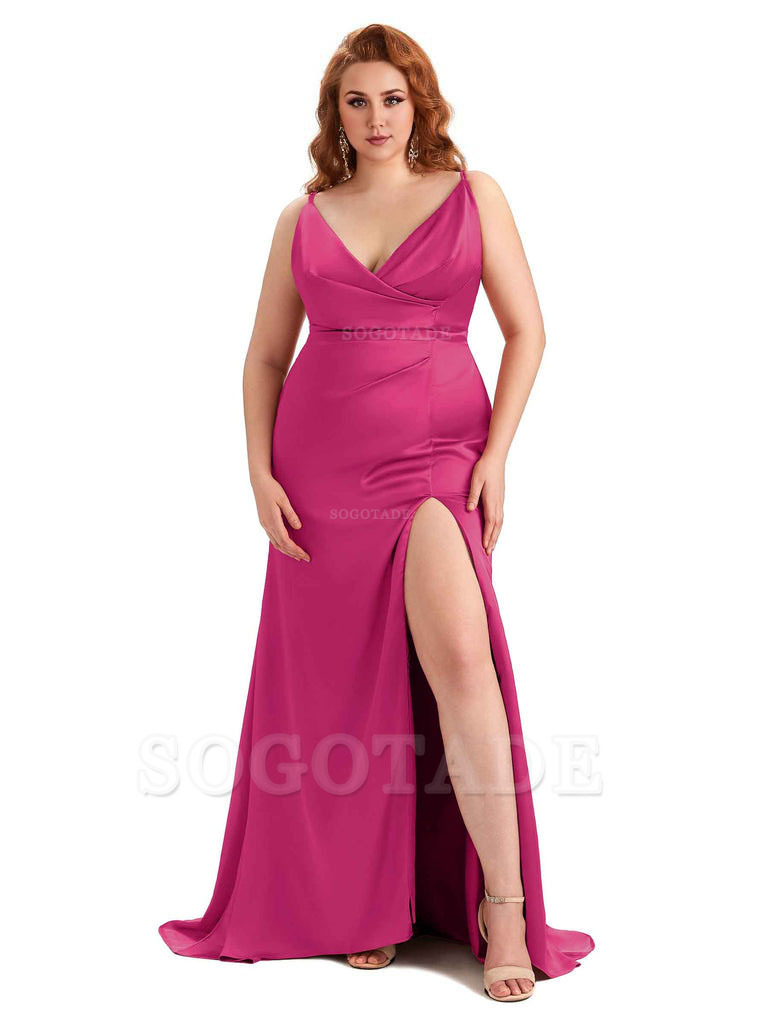 Sexy Side Slit Spaghetti Straps Mermaid Soft Satin Fashion Bridesmaid Dresses