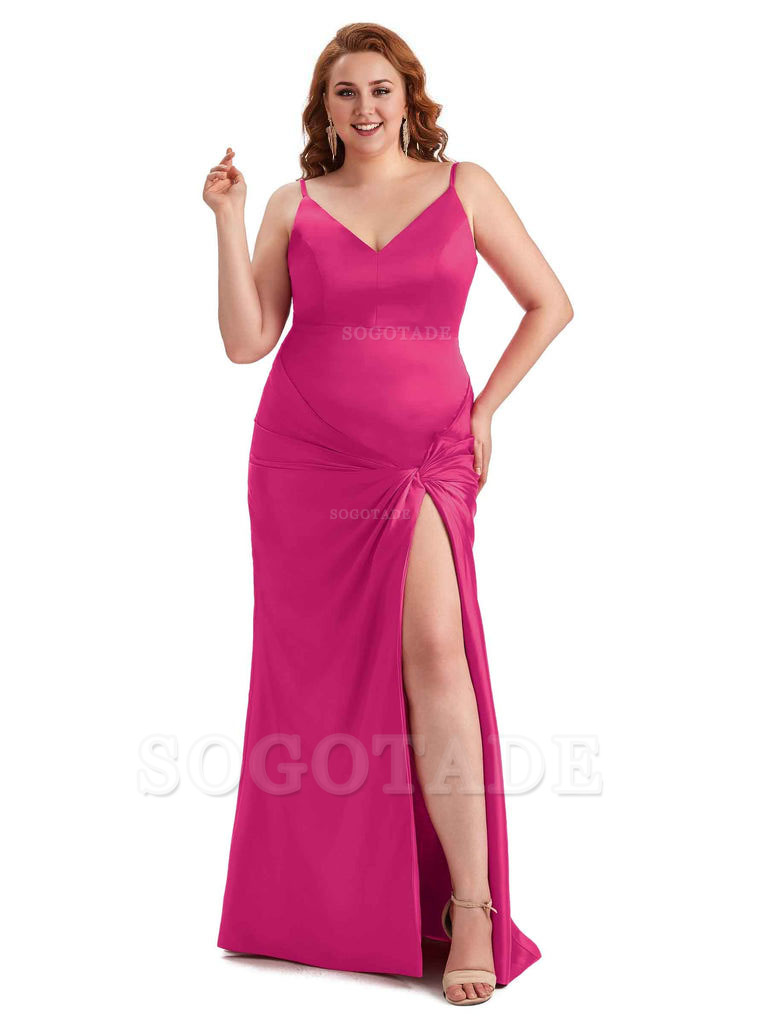 Sexy Spaghetti Straps V-neck Side Slit Mermaid Soft Satin Long Plus Size Bridesmaid Dress