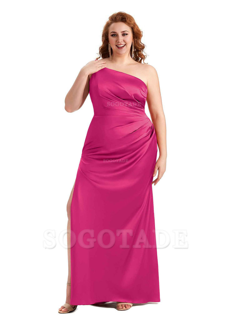 Sexy Side Slit One Shoulder Mermaid Soft Satin Long Plus Size Maid of Honour Dresses