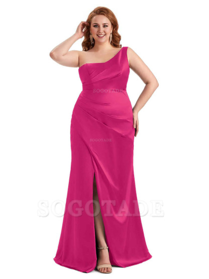 Sexy Side Slit One Shoulder Mermaid Long Plus Size Satin Maxi Dresses