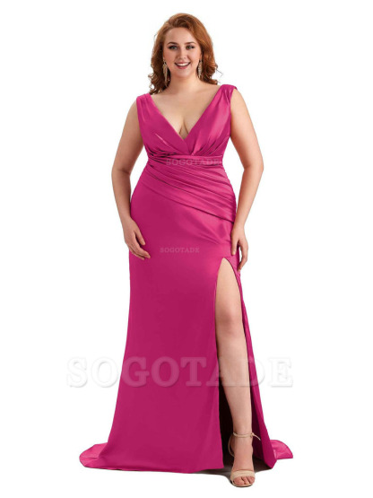 Elegant V-neck Side Slit Mermaid Soft Satin Long Plus Size Bridesmaid Dress For Wedding
