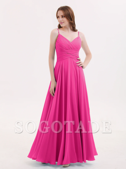 V-neck Fine Shoulder Strap Floor Length Chiffon Bridesmaid Dresses Online