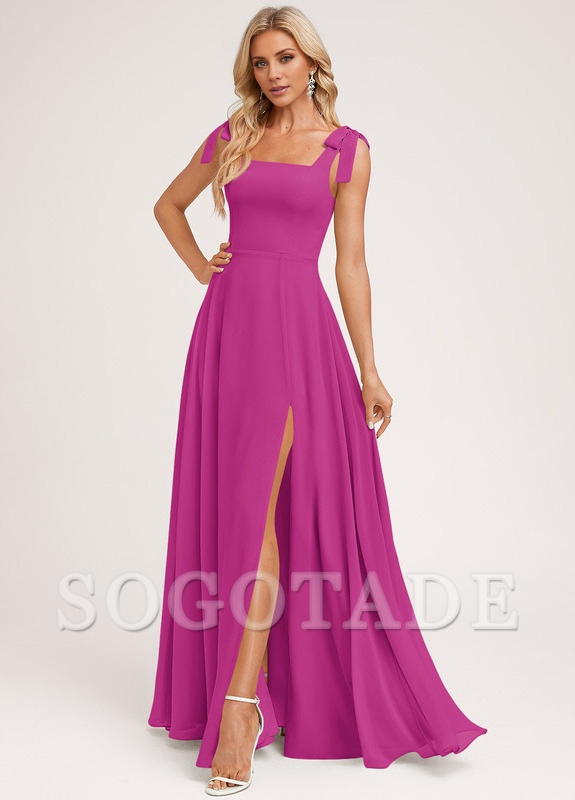 A-shaped square bow landing chiffon bridesmaid dress