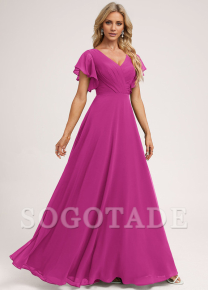 Ruffle A-line V-neck and floor chiffon bridesmaid dress