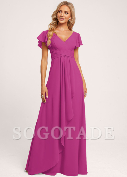 Ruffle A-line V-neck and floor chiffon bridesmaid dress
