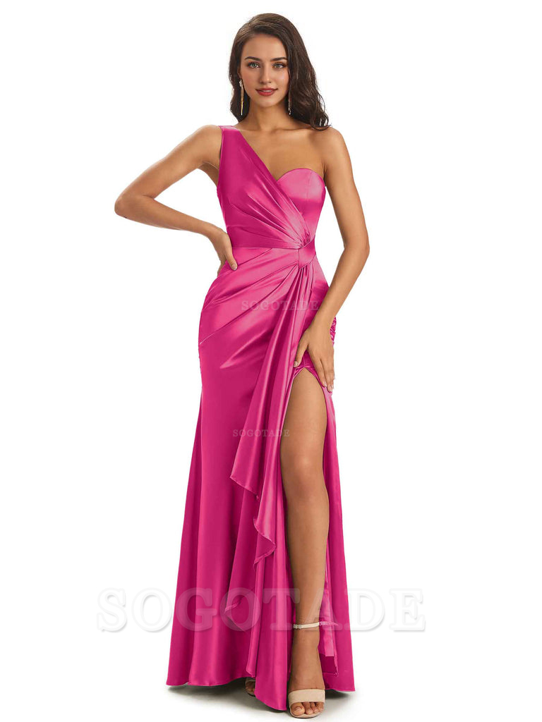 Elegant Soft Satin Side Slit One Shoulder Unique Mermaid Bridesmaid Dresses Online prom dresses shops