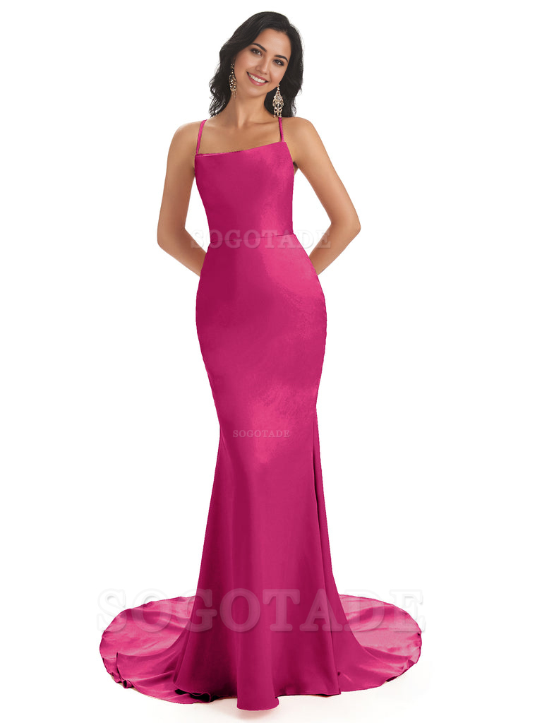 Mermaid Spaghetti Backless Straps Satin Long formal dresses evening gown Bridesmaid Dresses