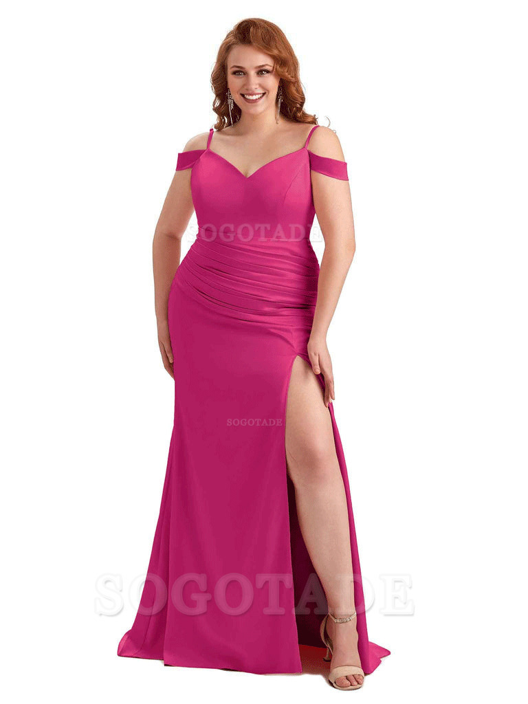 Sexy Side Slit Mermaid Cold Shoulder Soft Satin Long Plus Size Bridesmaid Dresses Online
