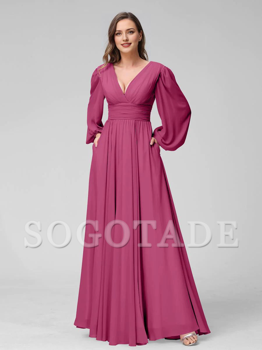 A-Line V-Neck Long Sleeves Long Chiffon Bridesmaid Dresses With Split Side Pockets