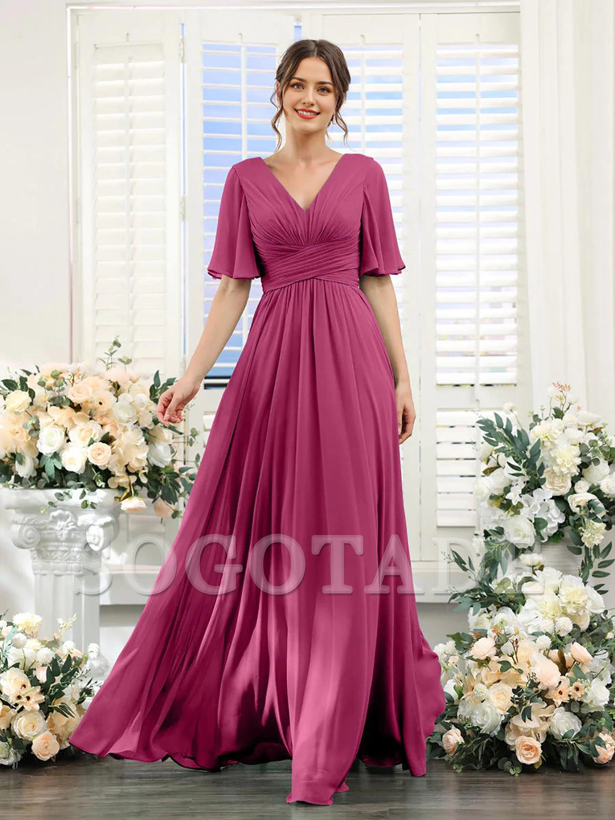 A-shaped V-shaped leader bridesmaid dress, suitable for wedding guests, long chiffon formal slit party dress