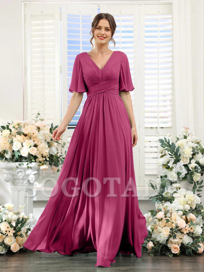 A-shaped V-shaped leader bridesmaid dress, suitable for wedding guests, long chiffon formal slit party dress