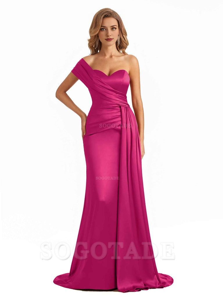 Elegant One Shoulder Soft Satin Long Mermaid Bridesmaid Dresses Online prom shop dresses ﻿