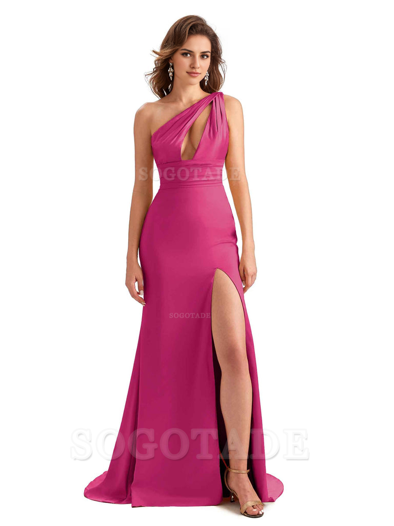 Charming Sexy Unique Side Slit Mermaid Silky One Shoulder Long Bridesmaid Dresses Formal Women's Dresses Wedding Guests Dresses