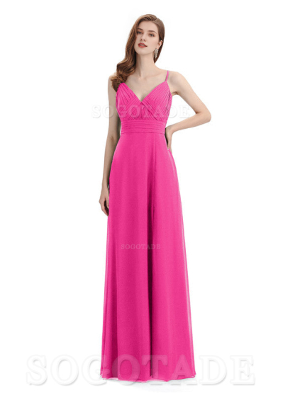 Chiffon V-Neck Spaghetti Strap Floor-Length Side Fork Long Bridesmaid Dresses Formal Women's Dresses Wedding Guests Dresses