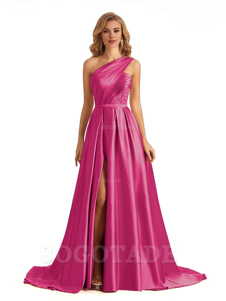 Sexy Side Slit One Shoulder A-Line Soft Satin Long Bridesmaid Dresses Online prom dress in store